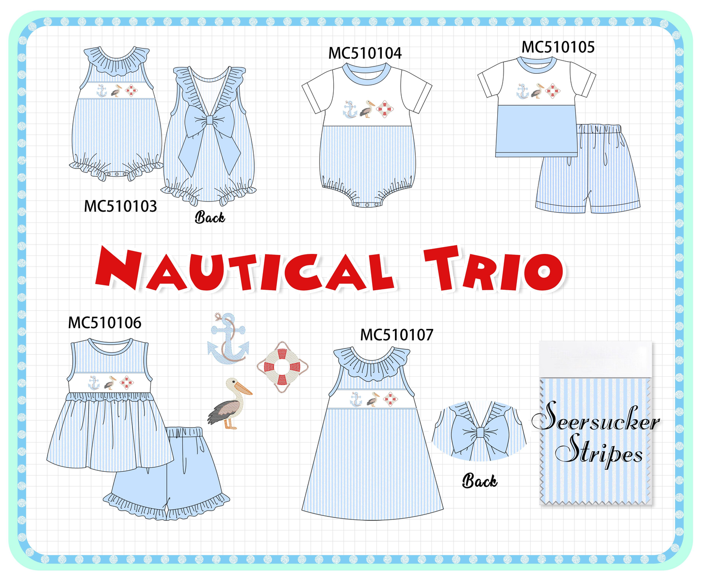 Blue nautical trio embroidery stripe collection
