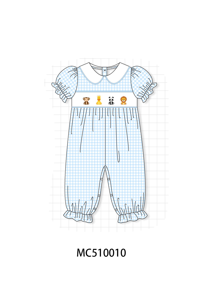 Blue zoo animal embroidery gingham collection