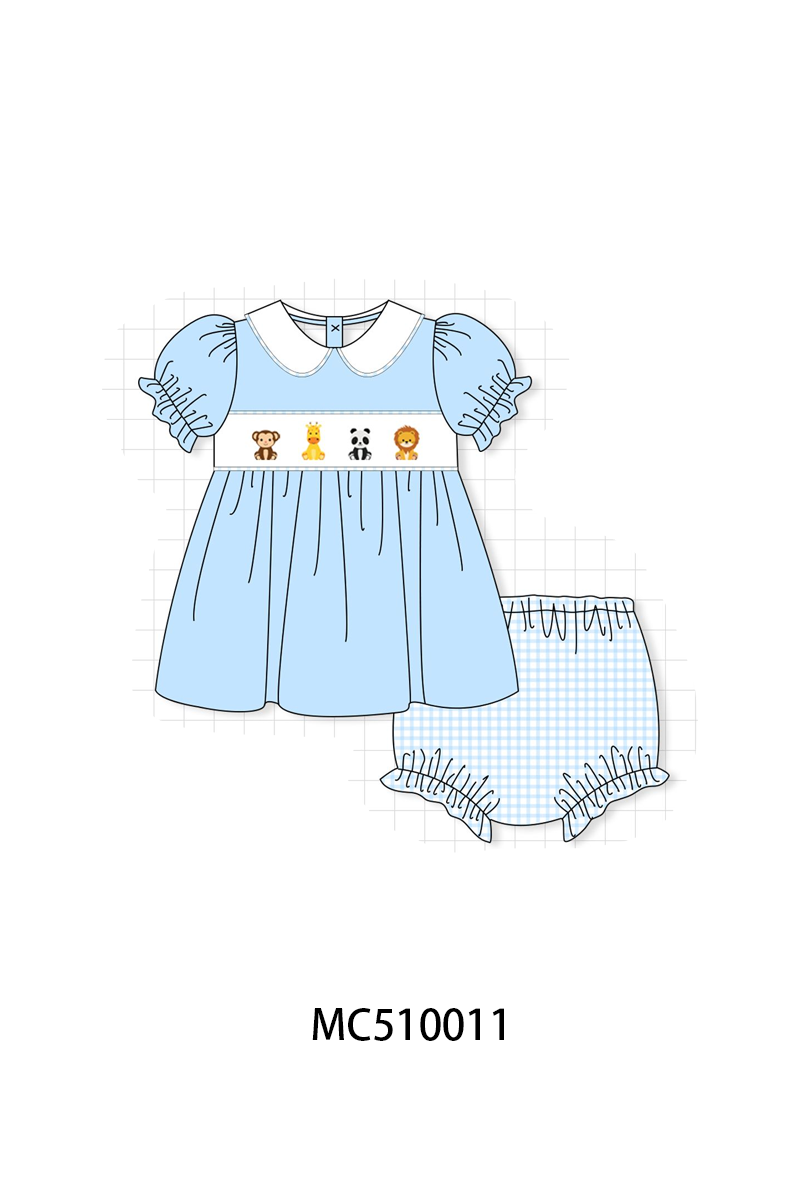 Blue zoo animal embroidery gingham collection