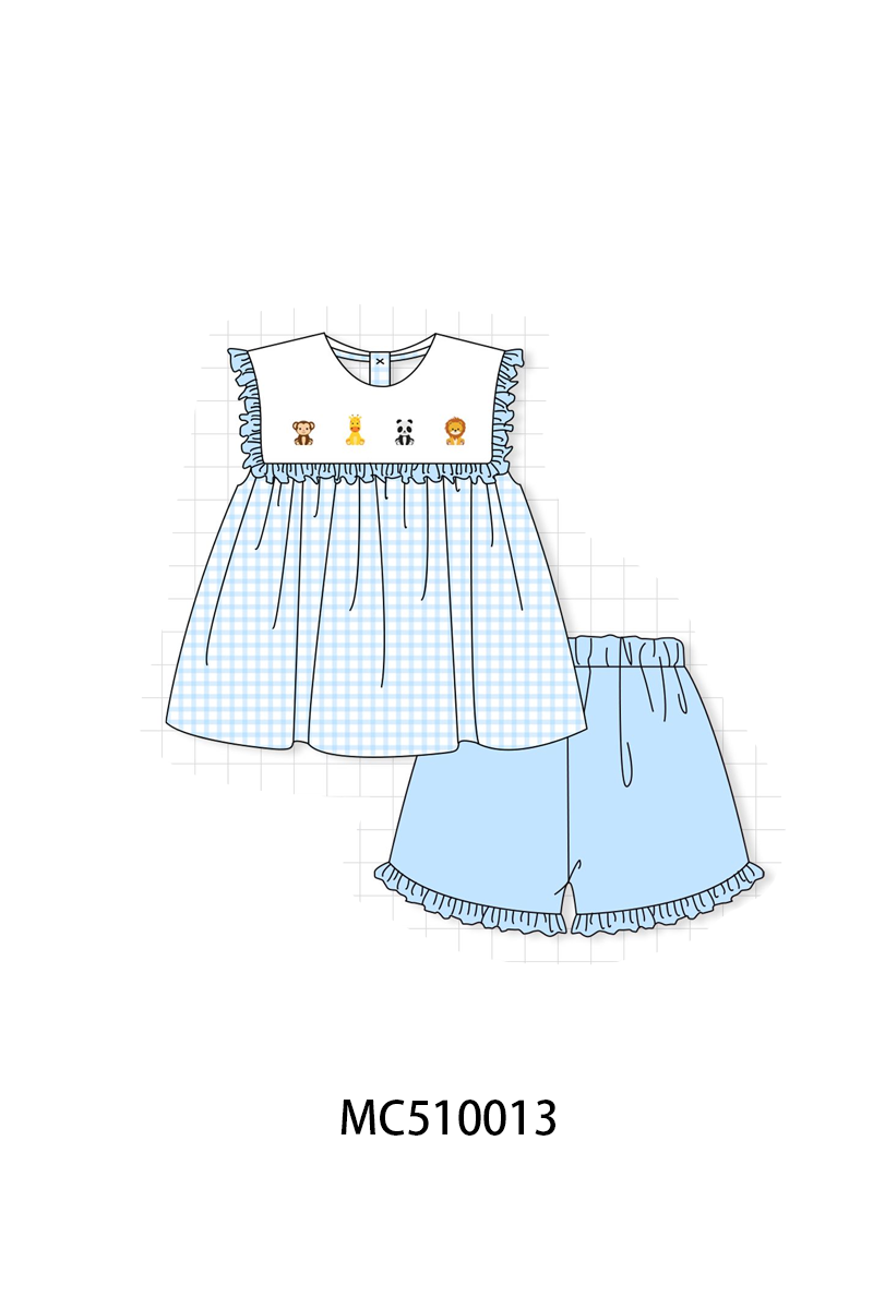 Blue zoo animal embroidery gingham collection