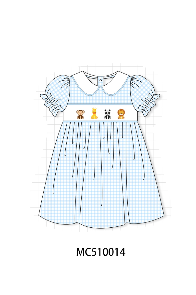 Blue zoo animal embroidery gingham collection