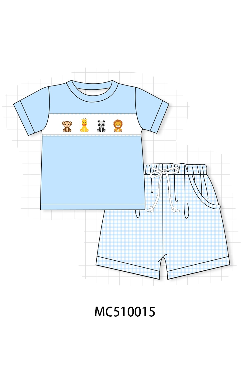 Blue zoo animal embroidery gingham collection