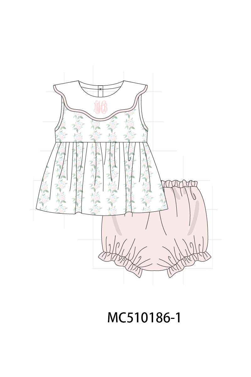 Pink monogram embroidery floral ruffle collection