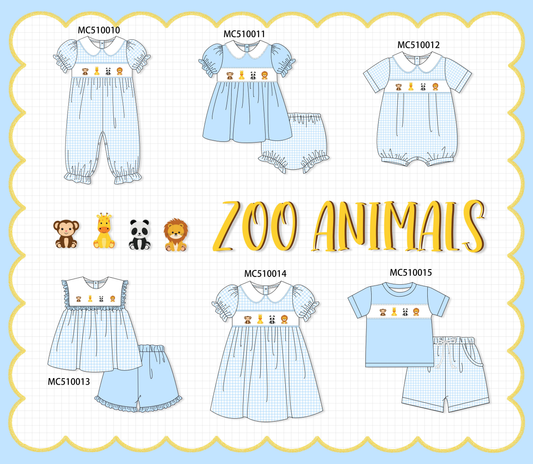 Blue zoo animal embroidery gingham collection