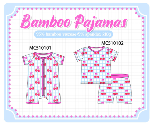 Pink cherry print plaid bamboo pajama collection
