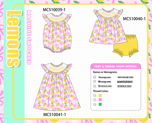 Purple bow lemon monogram smocked collection